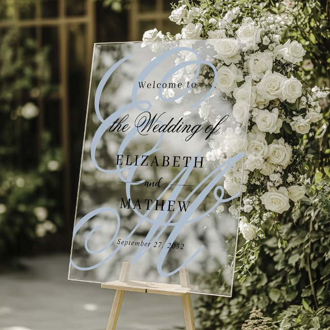 Elegant Script Dusty Blue Monogram Wedding Welcome Acrylic Sign (Creator Uploaded)