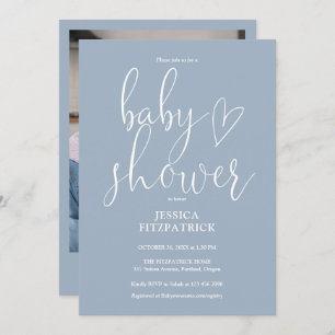 Elegant Script Dusty Blue Photo Baby Shower Invitation