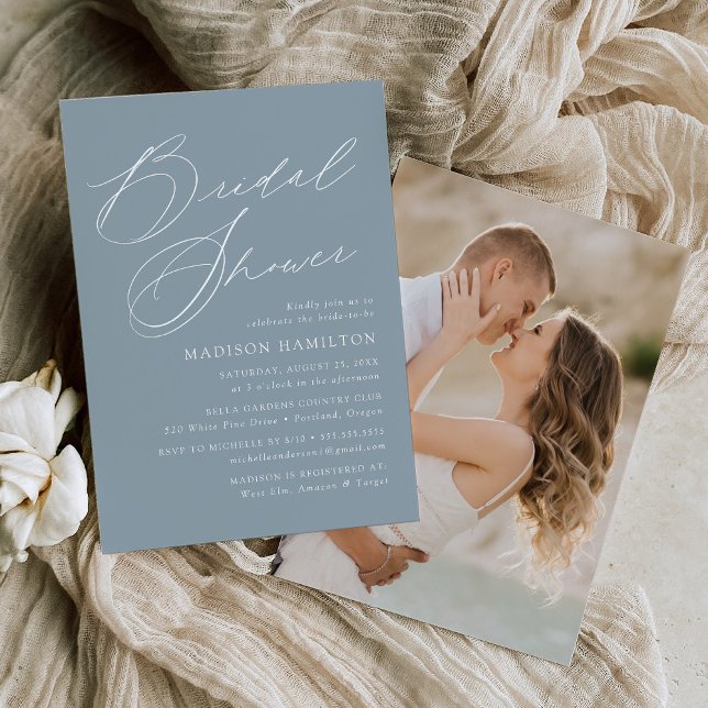 Elegant Script Dusty Blue Photo Bridal Shower Invitation (Creator Uploaded)