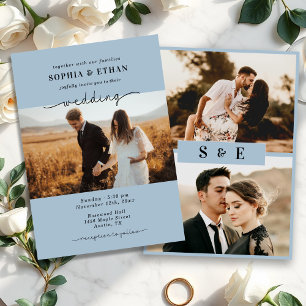 Elegant Script Dusty Blue Photo Wedding Invitation