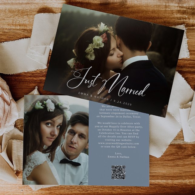 Elegant Script Dusty Blue | QR Code Just Married Invitation (Creator Uploaded)
