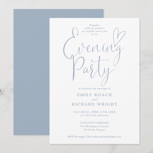 Elegant Script Dusty Blue Wedding Evening Party Invitation (Front/Back)