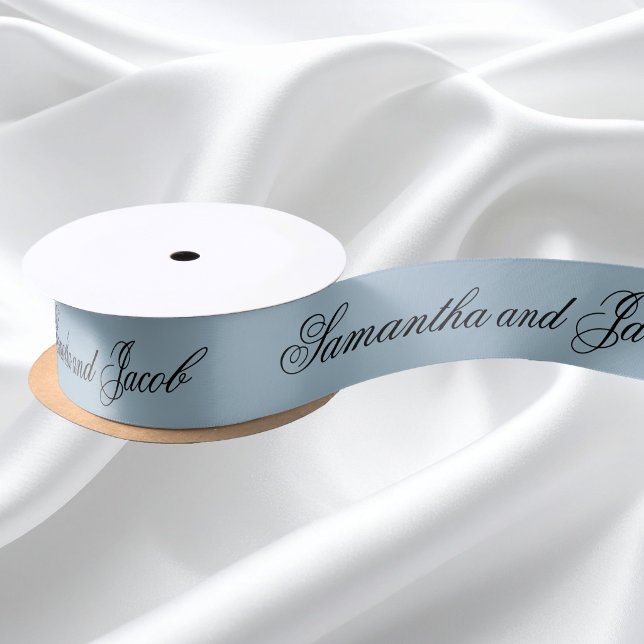 Elegant Script Dusty Blue Wedding  Satin Ribbon (Creator Uploaded)