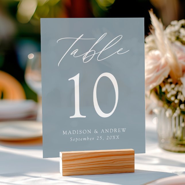 Elegant Script Dusty Blue Wedding Table Number Acrylic Sign (Please note: The wooden stand does not come with the sign. Zazzle sells a wood block stand.)