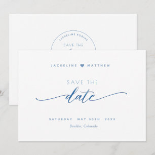 Elegant Script, Dusty Blue ,White Simple Wedding Save The Date