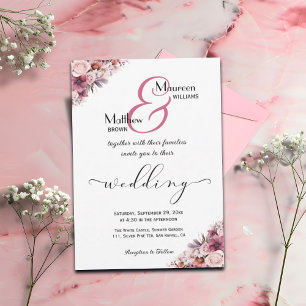 Elegant Script Dusty Pink Boho Floral Wedding Invitation