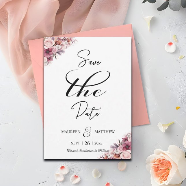 Elegant Script Dusty Pink Floral Save the Date (Creator Uploaded)