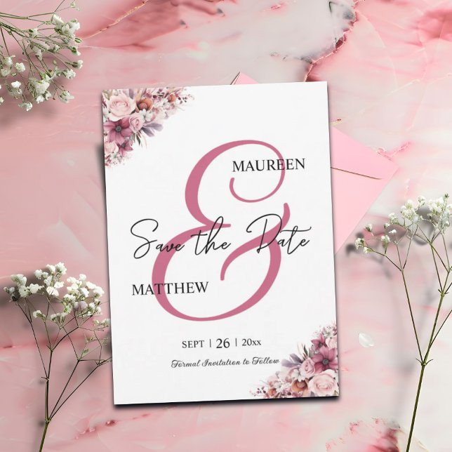 Elegant Script Dusty Pink Floral Save the Date (Creator Uploaded)