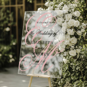 Elegant Script Dusty Pink Monogram Wedding Welcome Acrylic Sign