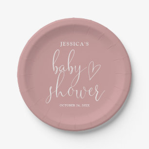 Elegant Script Dusty Rose Pink Baby Shower Paper Plate