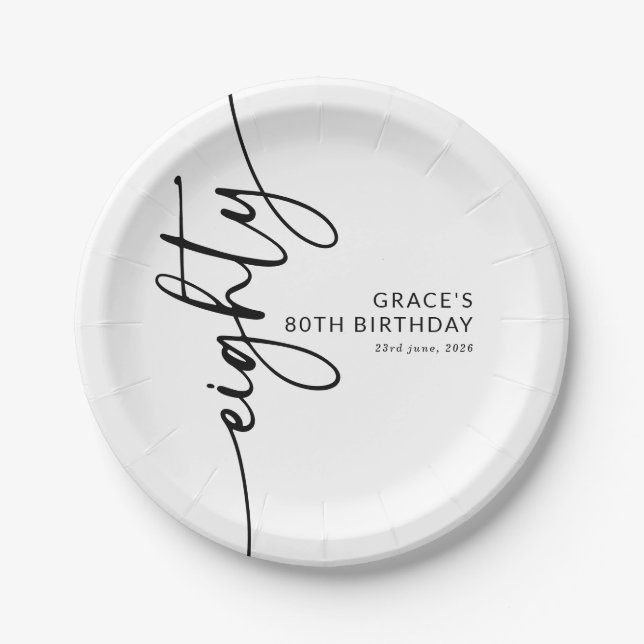 Elegant Script Eighty 80th Birthday Paper Plate (Front)