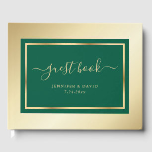 Elegant Script Emerald Green and Gold Wedding Guest Book