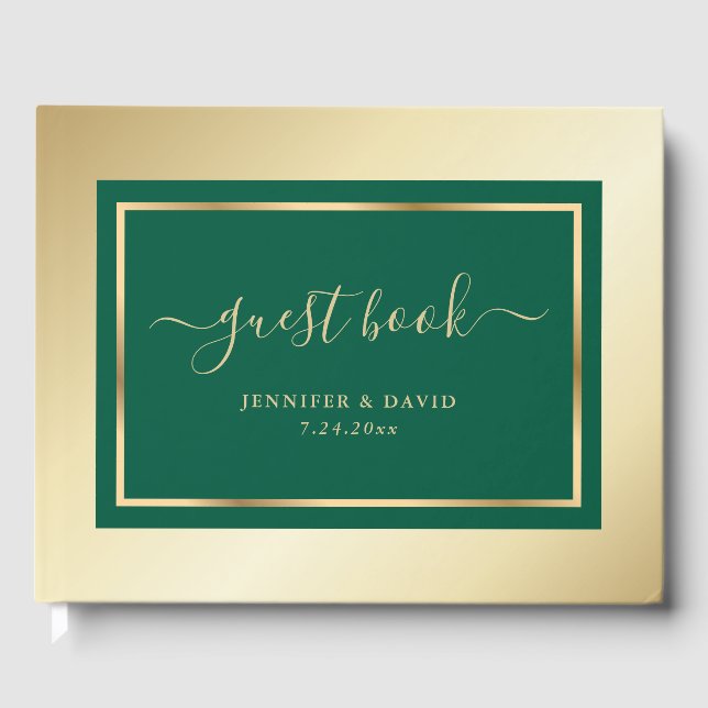 Elegant Script Emerald Green and Gold Wedding Guest Book (Front)
