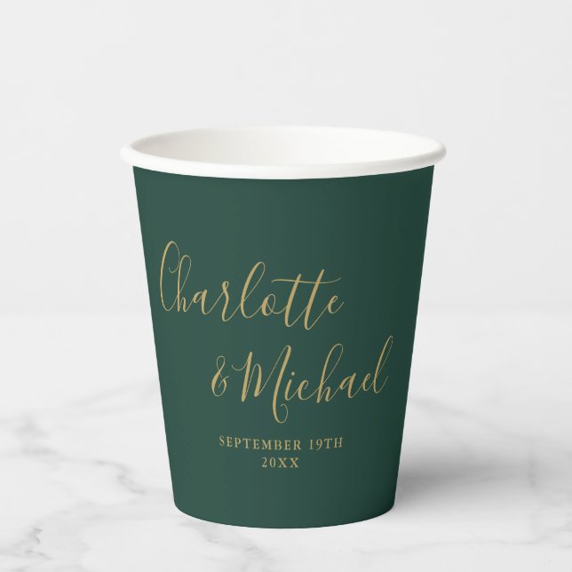 Elegant Script Emerald Green And Gold Wedding Paper Cups (Front)