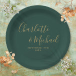 Elegant Script Emerald Green And Gold Wedding Paper Plate<br><div class="desc">Elegant signature emerald green and gold wedding paper plates personalised with signature style names and your special wedding date. Designed by Thisisnotme©</div>
