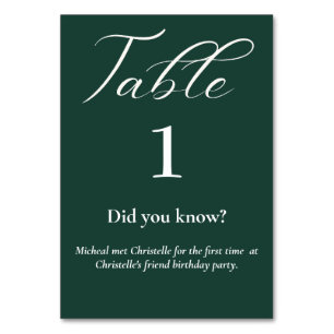 Elegant script emerald green Fun facts wedding Table Number