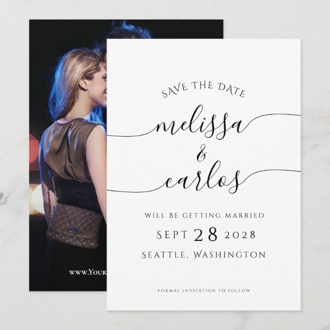 Elegant Script Engagement Photo Simple Save The Da Date (Front/Back)