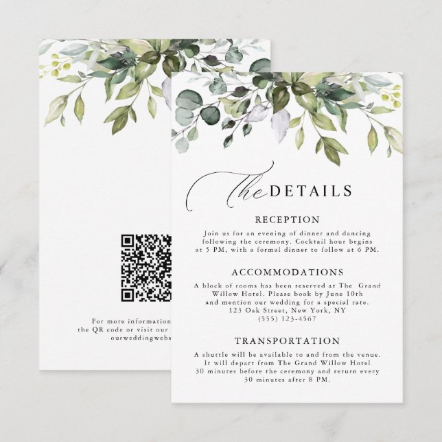 Elegant Script Eucalyptus Greenery QR Code Wedding Enclosure Card (Front/Back)