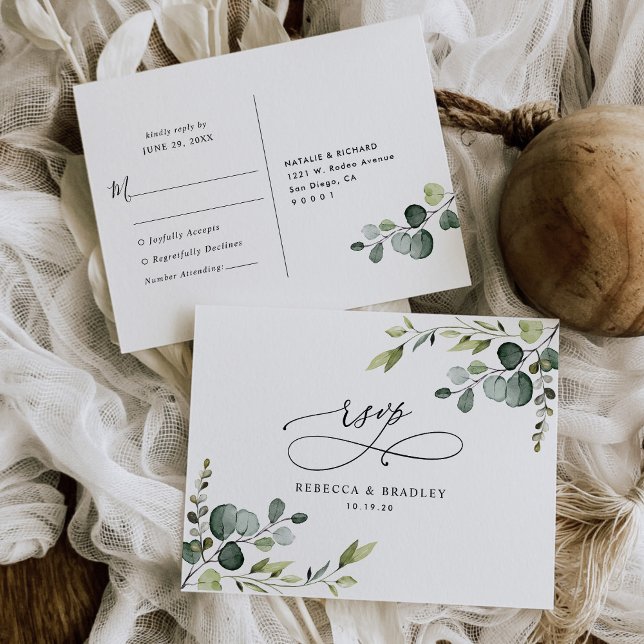 Elegant Script Eucalyptus Greenery Wedding Rsvp Postcard (Creator Uploaded)