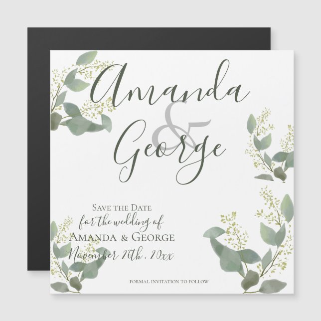 Elegant Script | Eucalyptus Leaves | Save The Date Magnetic Invitation (Front/Back)
