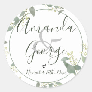 Elegant Script Eucalyptus Leaves Wedding Classic Round Sticker