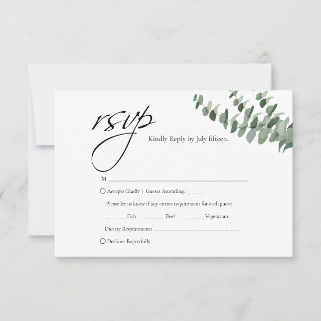 Elegant Script Eucalyptus QR Code Wedding rsvp Card (Front)