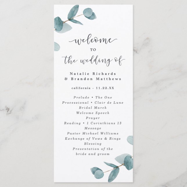 Elegant Script Eucalyptus Wedding Ceremony Programme (Front)