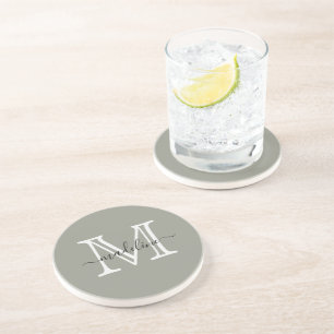Elegant Script Evergreen Fog Monogram Kitchen Coaster