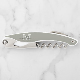 Elegant Script Evergreen Fog Monogram Kitchen Corkscrew