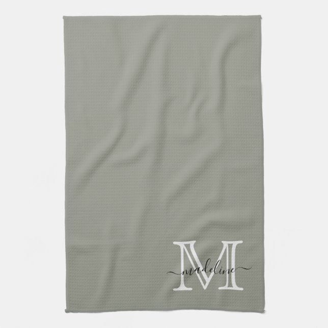 Elegant Script Evergreen Fog Monogram Tea Towel (Vertical)