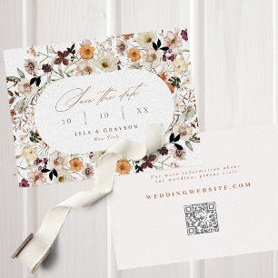 Elegant Script Fall Wildflowers QR Code Wedding Save The Date