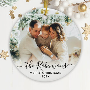 Elegant Script Family Name Photo Merry Christmas   Ceramic Tree Decoration