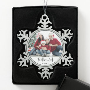 Elegant Script Family Photo Snowflake Pewter Christmas Ornament