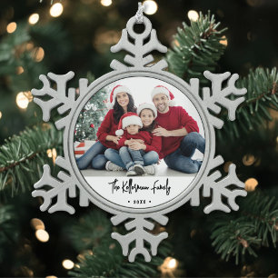 Elegant Script Family Photo Snowflake Pewter Christmas Ornament