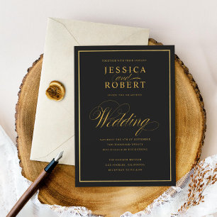 Elegant Script Faux Gold Border Black Wedding Invitation