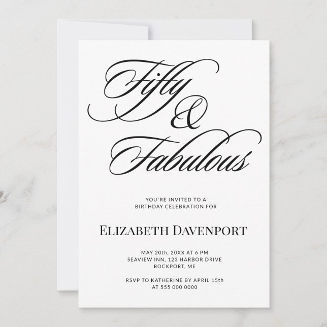 Elegant Script Fifty and Fabulous 50th Birthday Invitation (Front)