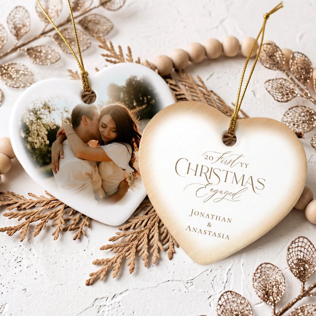 Elegant Script First Christmas Engaged Heart Photo Ceramic Tree Decoration (Elegant Script First Christmas Engaged Heart Photo Ceramic Ornament)