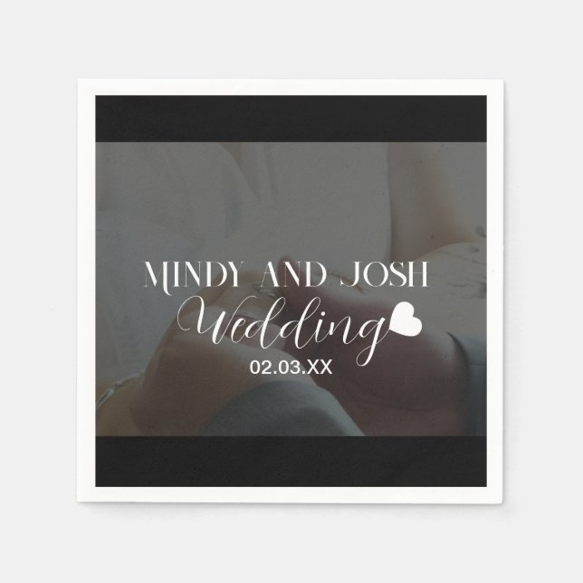 Elegant Script floating heart Photo Black Napkin (Front)