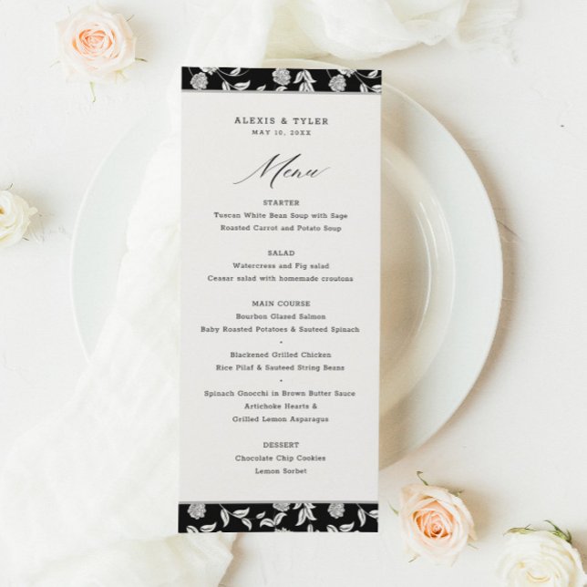 Elegant Script Floral Black White Wedding Menu (Creator Uploaded)