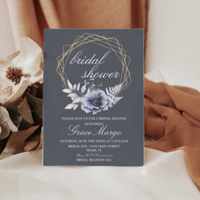 Elegant Script Floral Blue Bridal Shower Invitation (Creator Uploaded)