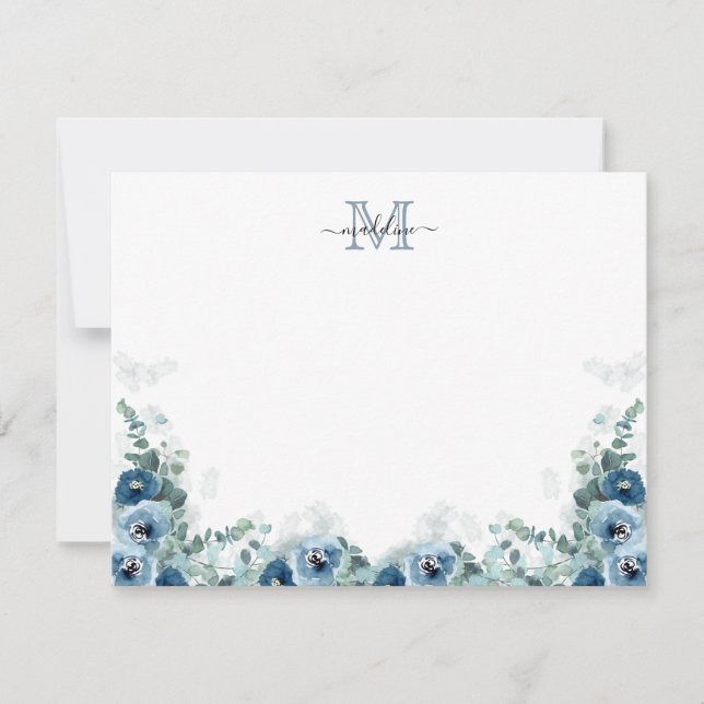 Elegant Script Floral Dusty Blue Monogram Card (Front)