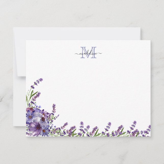 Elegant Script Floral Purple Lavender Monogram Not Card (Front)