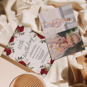 Elegant Script Floral Red Rose Photo 60th Birthday Invitation