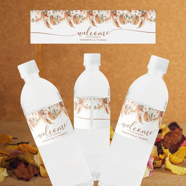 Elegant Script Floral Terracotta Welcome Wedding  Water Bottle Label (Creator Uploaded)