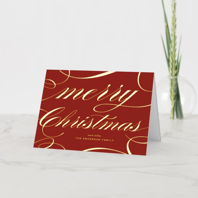Elegant Script Flourish Red Merry Christmas Foil Holiday Card (Front)