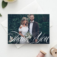 Elegant Script Flourish White Photo Wedding Thank