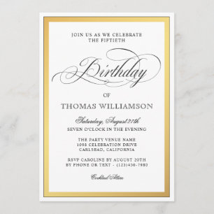 Elegant Script Flourishes Gold Fiftieth Birthday Invitation