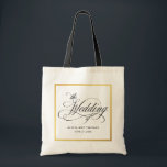 Elegant Script Flourishes Personalised Wedding Tote Bag<br><div class="desc">Delight your wedding party or special guests with a custom tote personalised with the names of the bride and groom and the wedding date. Beautiful calligraphy script text surrounded by a gold square border accent this design.</div>
