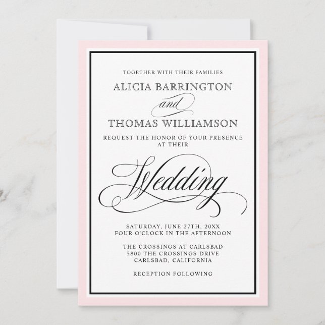 Elegant Script Flourishes with Blush Pink Border Invitation (Front)