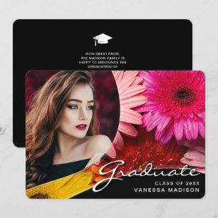 Elegant Script Flowers   Modern Photo Grad Announcement